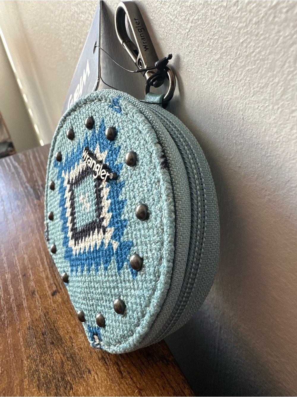 Wrangler Chambray Aztec Coin Pouch Keychain Light Blue w/ Studs Bohemian NWT - Picture 2 of 6